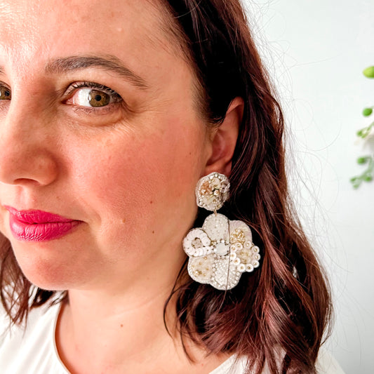 *CLEARANCE* Mauve Beaded Flower Statement Dangle Earrings