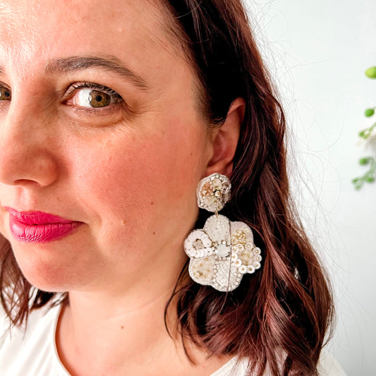 White Beaded Flower Statement Dangle Earrings
