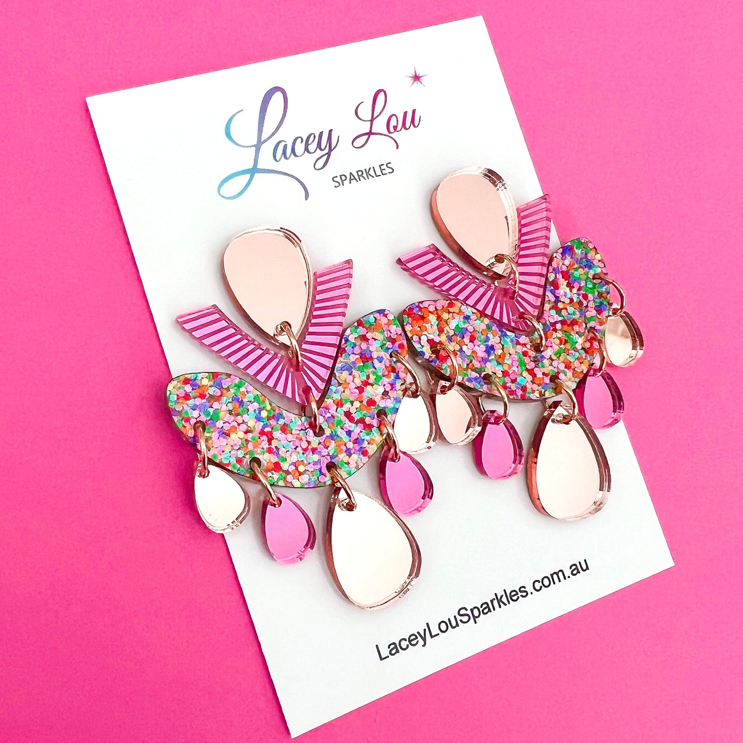 Strawberry Confetti Chandelier Dangles - Statement Acrylic Earrings