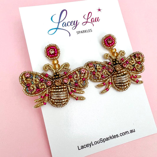 Beaded Gold and Pink Bee Statement Earrings