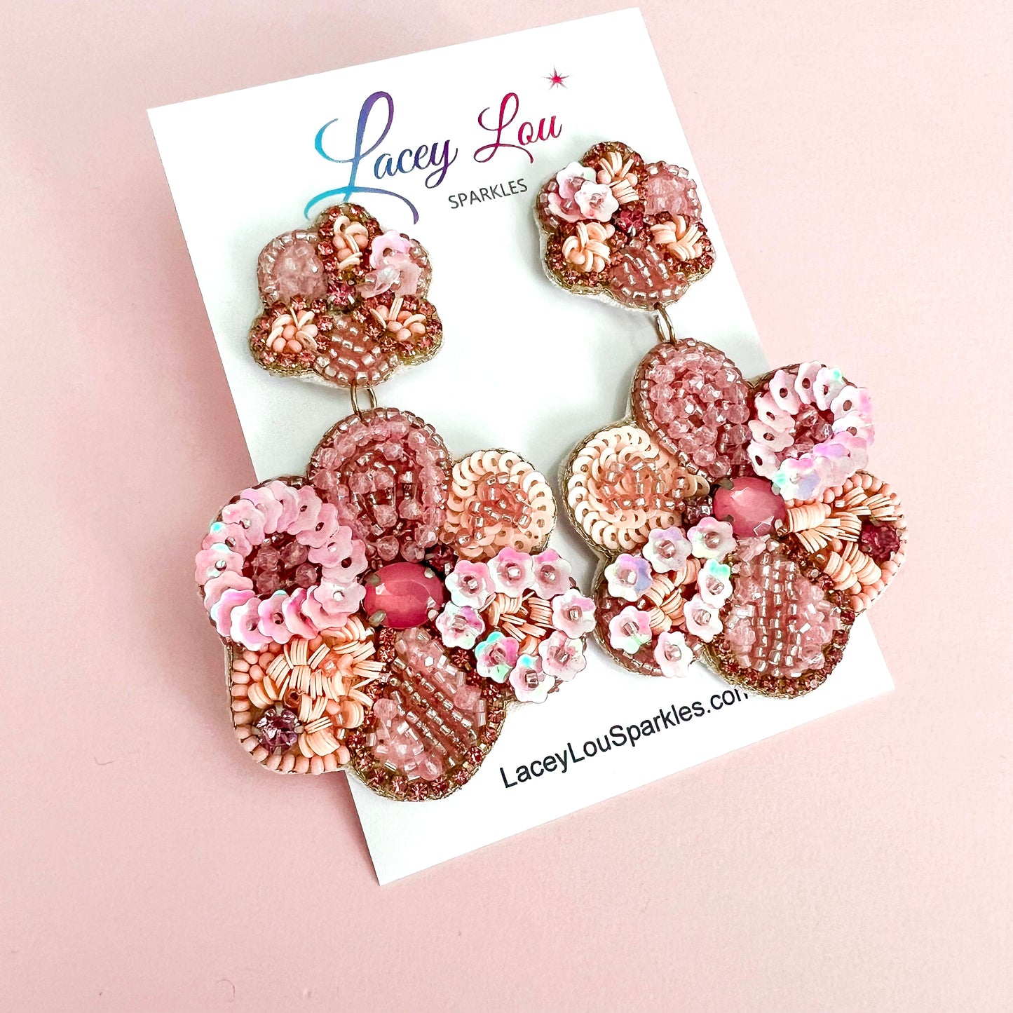 Mauve Beaded Flower Statement Dangle Earrings