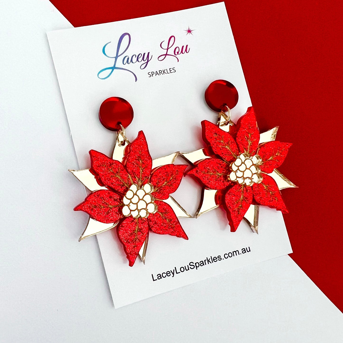Statement Poinsettia Christmas Dangle Earrings - Red/Gold