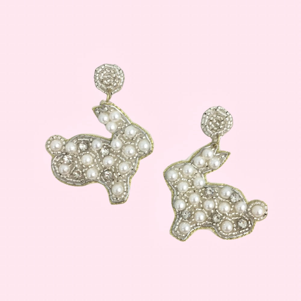 Beaded White Pearl Easter Bunny Earrings