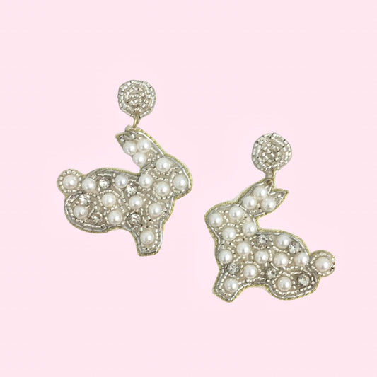 *CLEARANCE* Beaded White Pearl Easter Bunny Earrings