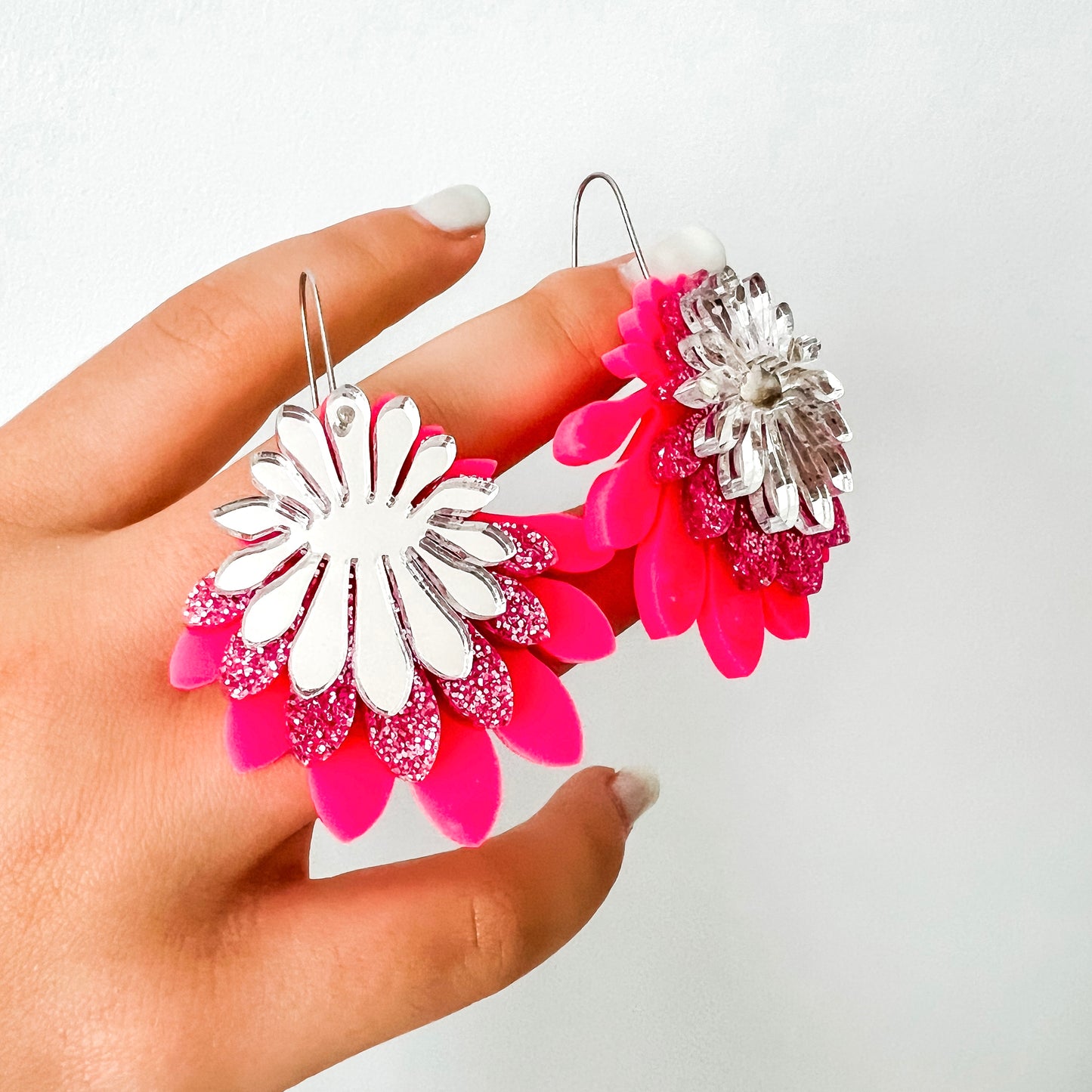 Large Flower Frill Statement Earrings - Pink and Silver Acrylic Dangle