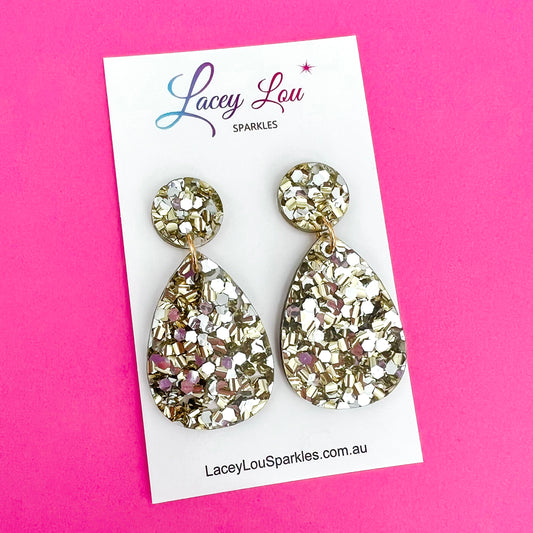 Medium Teardrop Dangle - Silver/Gold Glitter Acrylic Earrings