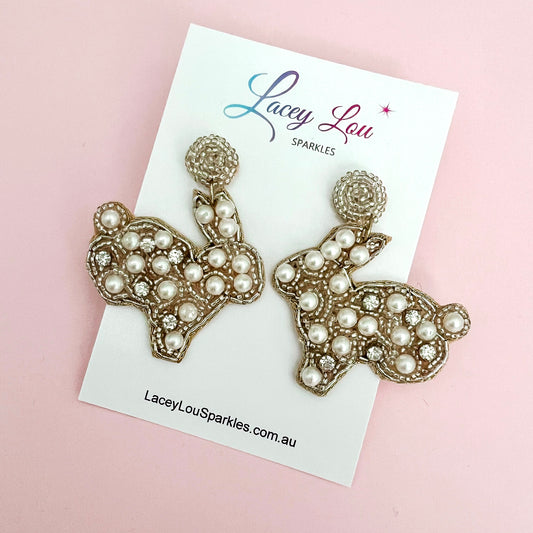 *CLEARANCE* Beaded White Pearl Easter Bunny Earrings
