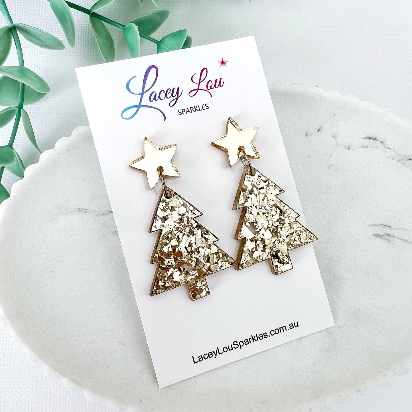 Medium Christmas Tree Dangle Earrings - Gold Chunky Glitter