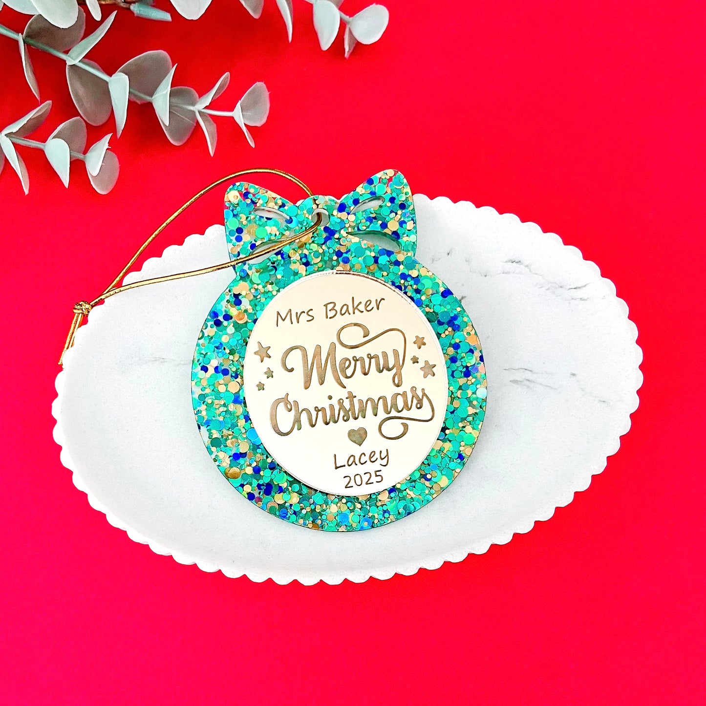 Aqua Personalised Teacher Christmas Bauble **PRE-ORDER** 2025