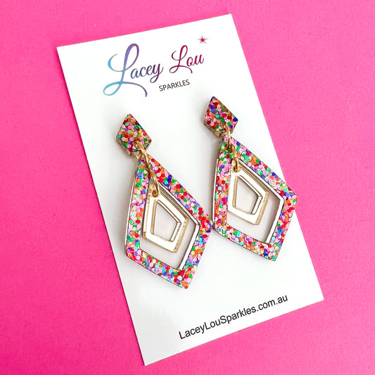 Medium Strawberry Confetti Abstract Dangle Acrylic Earrings