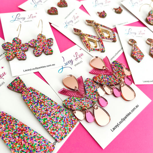 Extra Long Strawberry Confetti Statement Acrylic Earrings