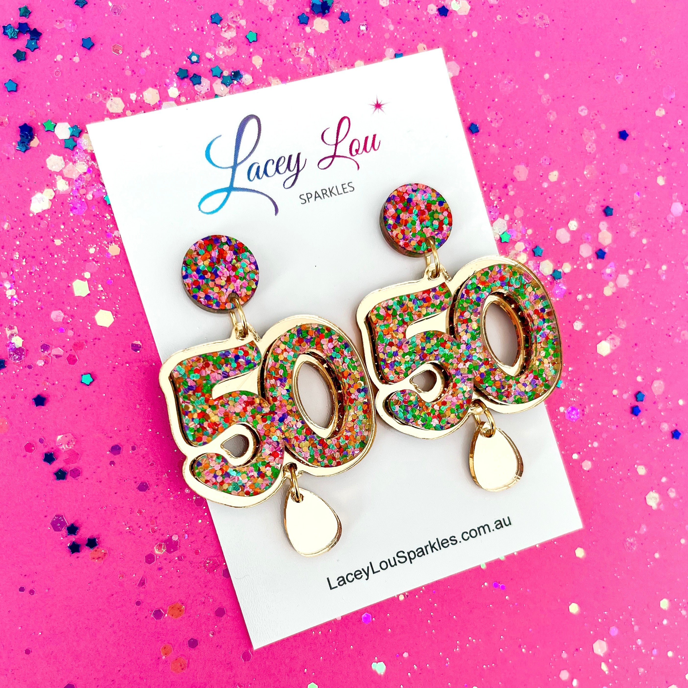 50th Birthday Statement Acrylic Earrings Confetti Lacey Lou Sparkles 50th-birthday-statement-acrylic-earrings-confetti-lacey-lou-sparkles