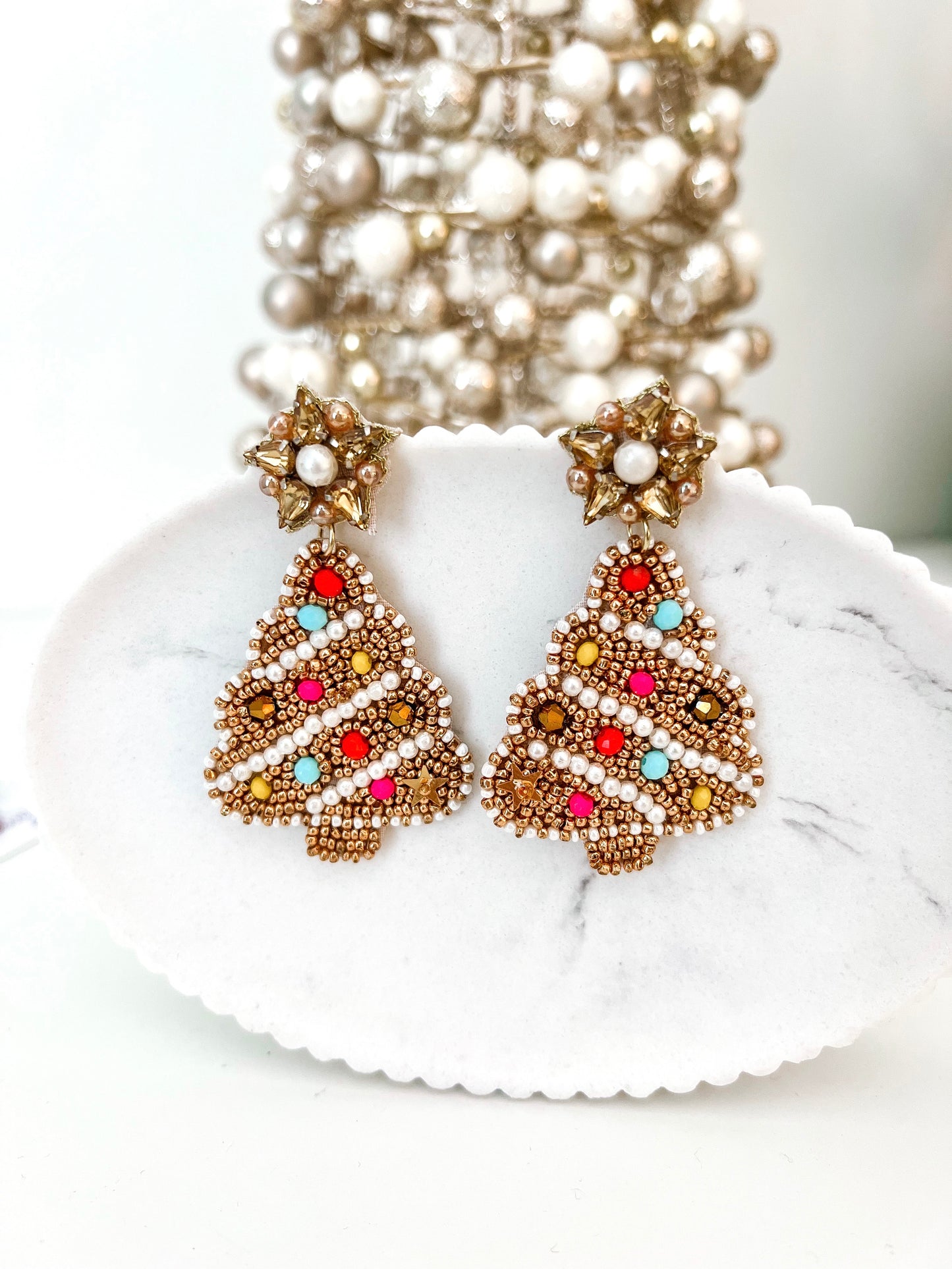*SECONDS* Gold Beaded Christmas Tree Earrings