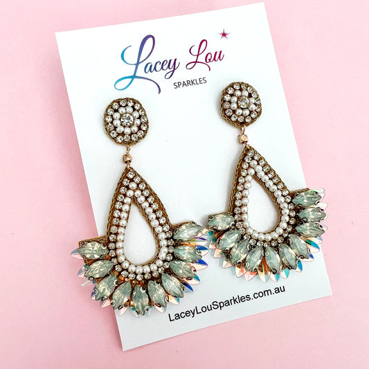 Beaded White snd Gold Statement Earrings