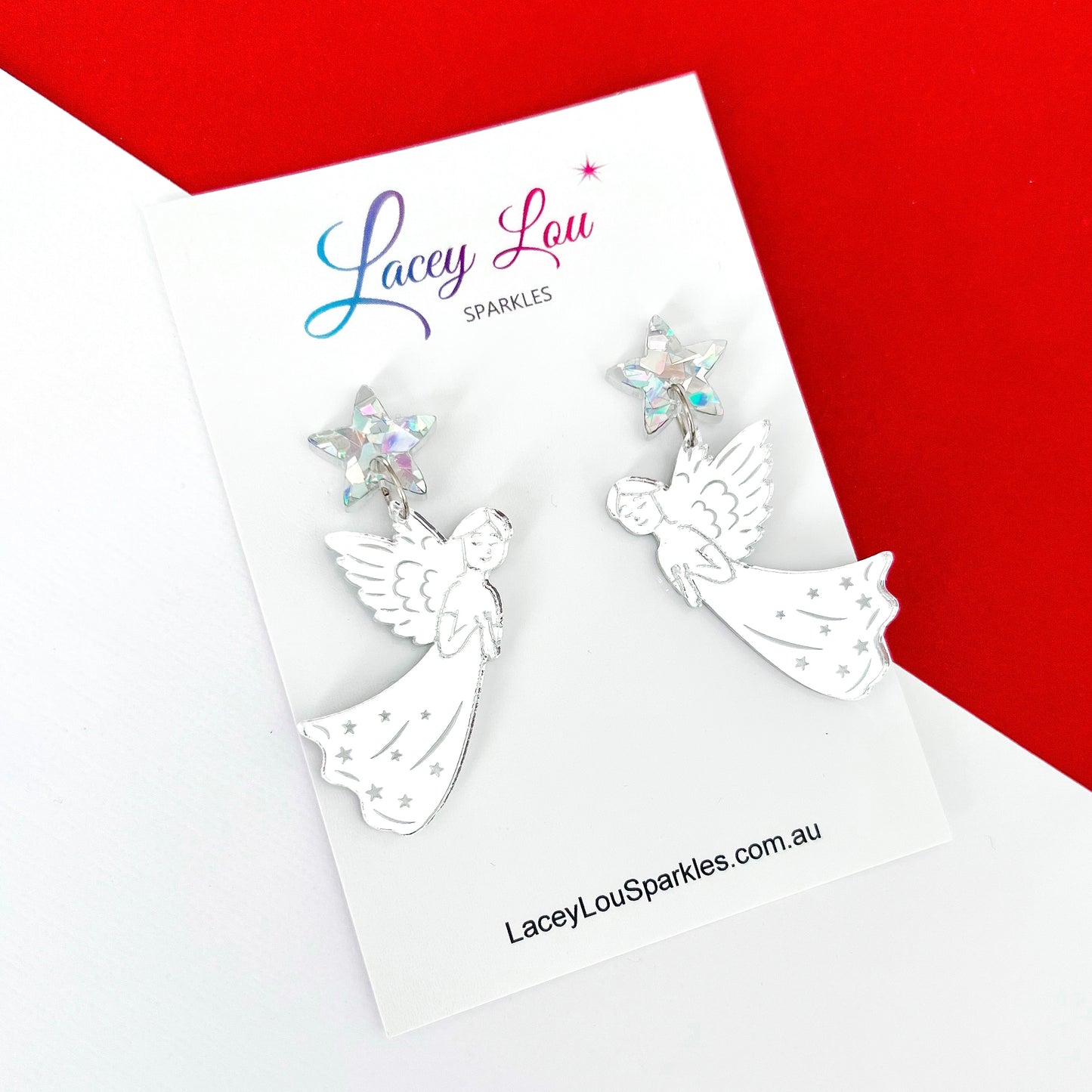 Medium Christmas Angel Dangle Earrings - Silver Mirror