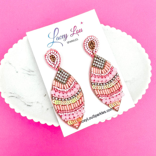 Long Pink Beaded Leaf Statement Dangle Earrings