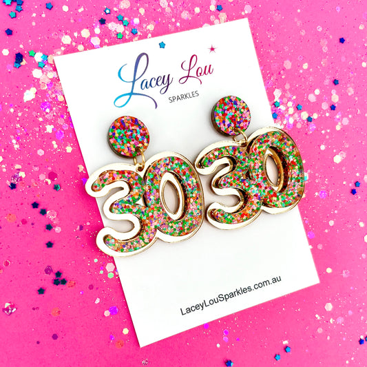 30th Birthday Statement Acrylic Earrings - Gold Simple