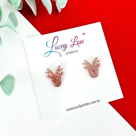 Christmas Reindeer Stud Earrings - Rose Gold Glitter