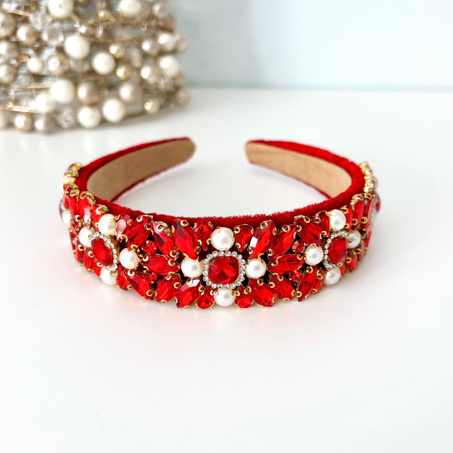 Red & Pearl Christmas Jeweled Statement Headband