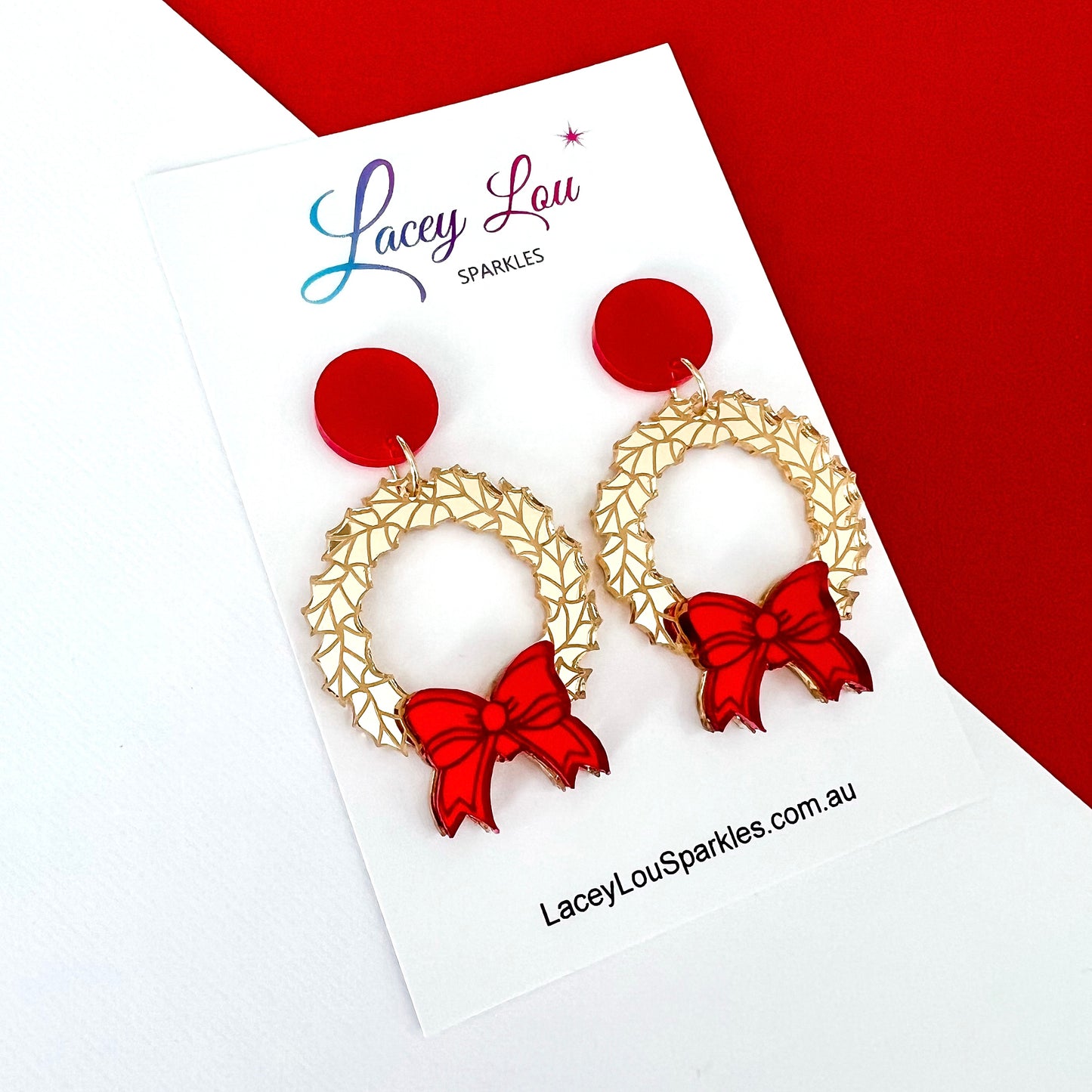 Christmas Wreath Earrings - Gold/Red