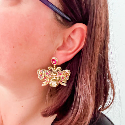 Beaded Gold and Pink Bee Statement Earrings