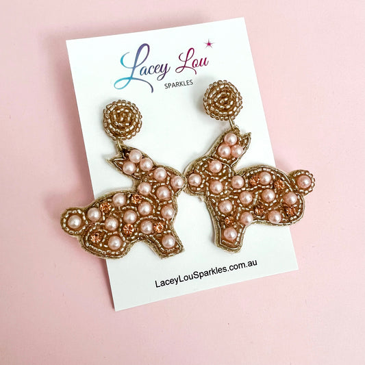 *CLEARANCE* Beaded Pink Pearl Easter Bunny Earrings