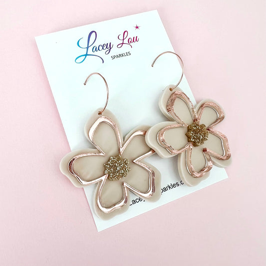 Extra Large Flower Acrylic Dangle Earring - Beige