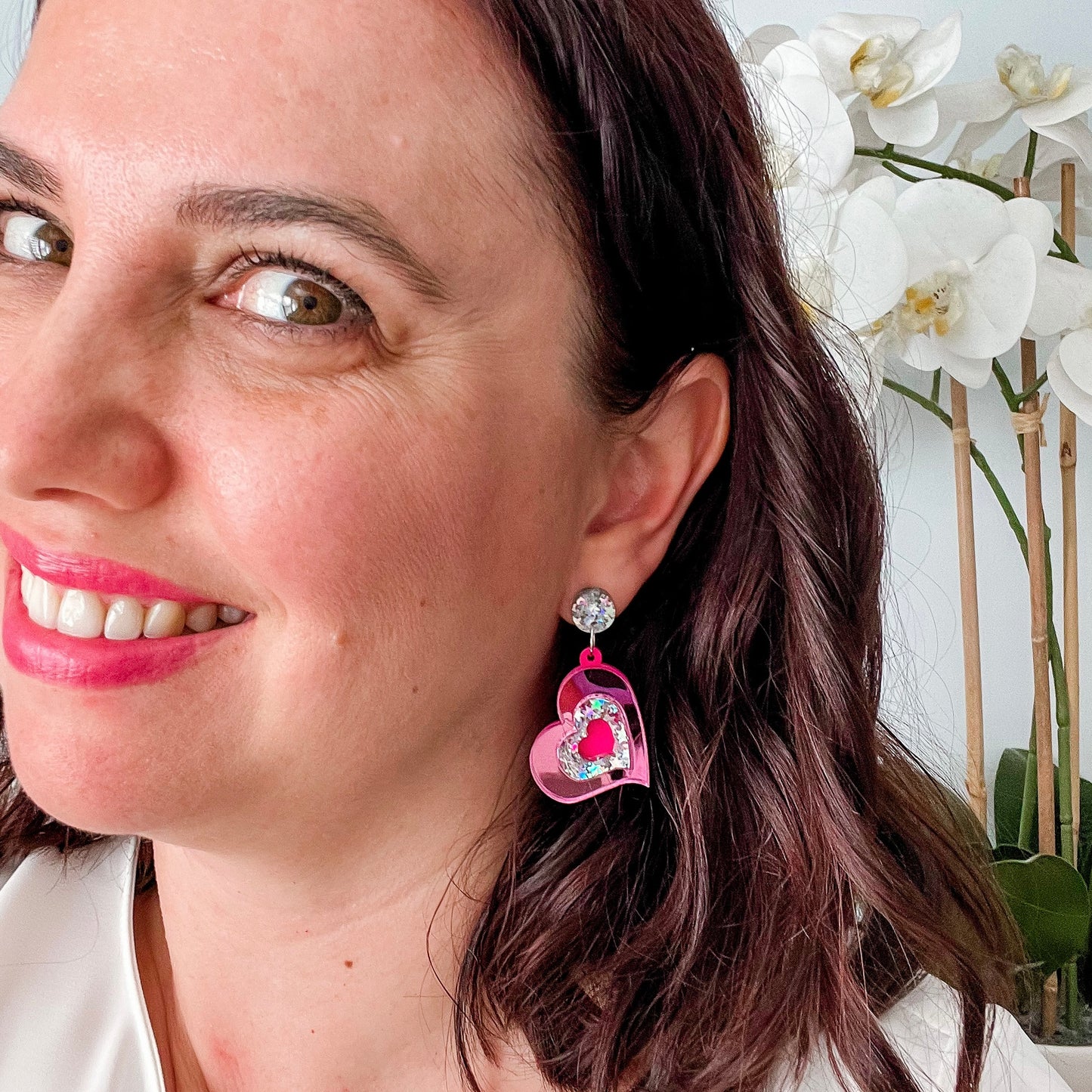 Small Pink Heart Dangles - Fuchsia Glitter Statement Acrylic Earrings