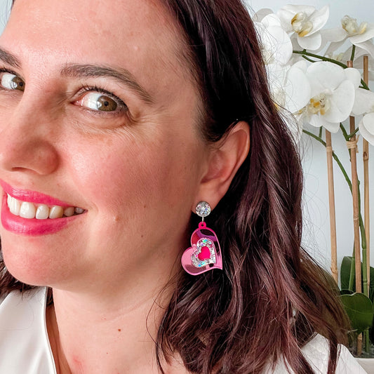 Small Pink Heart Dangles - Fuchsia Glitter Statement Acrylic Earrings