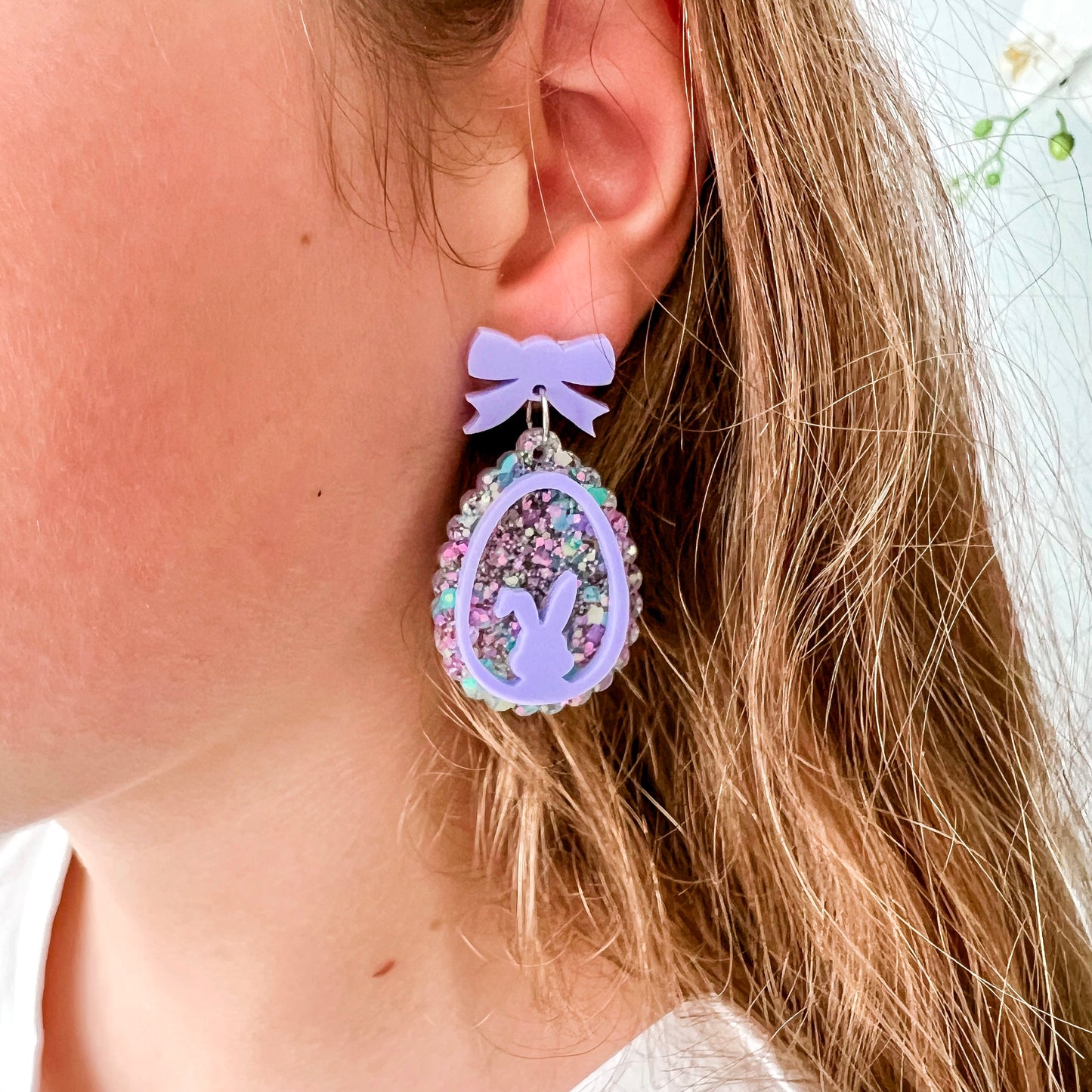 Pastel Glitter Bunny Bow Easter Egg Acrylic Earrings