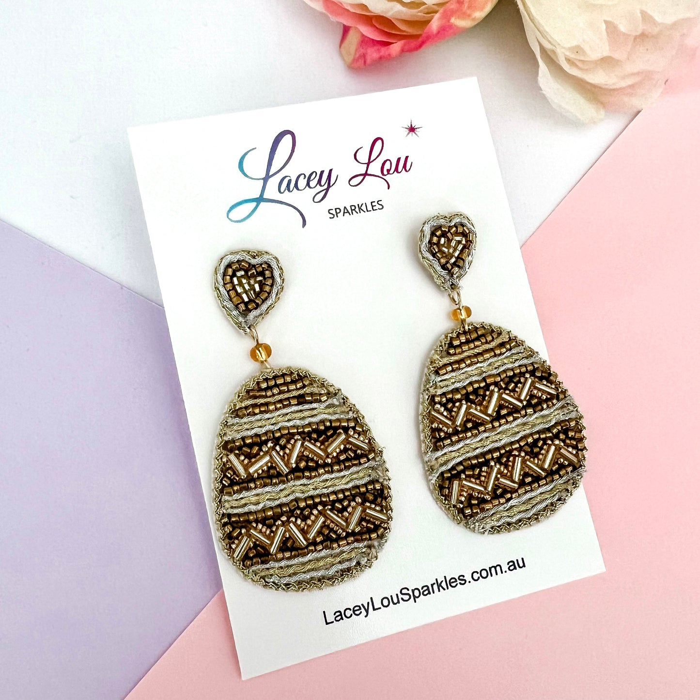 Beaded Dark Gold Easter Egg Earrings