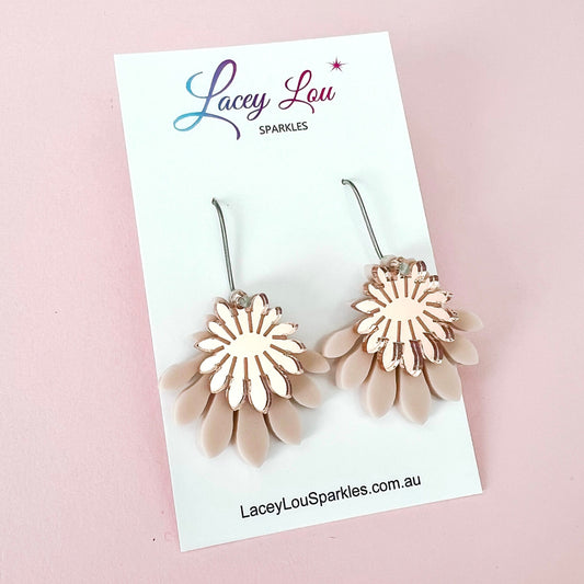 Medium Flower Frill Statement Dangle - Beige Acrylic Earrings
