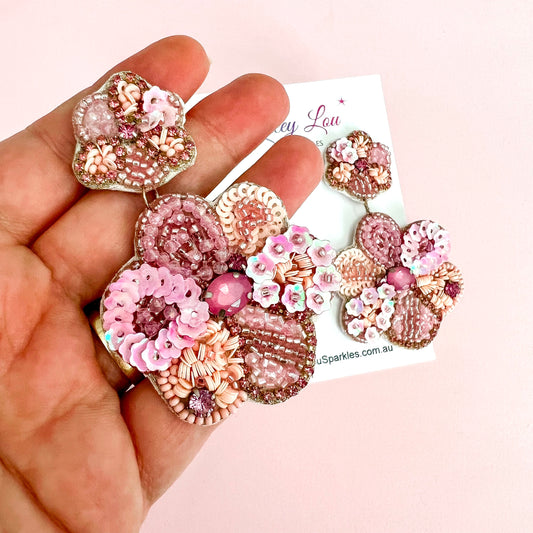 *CLEARANCE* Mauve Beaded Flower Statement Dangle Earrings