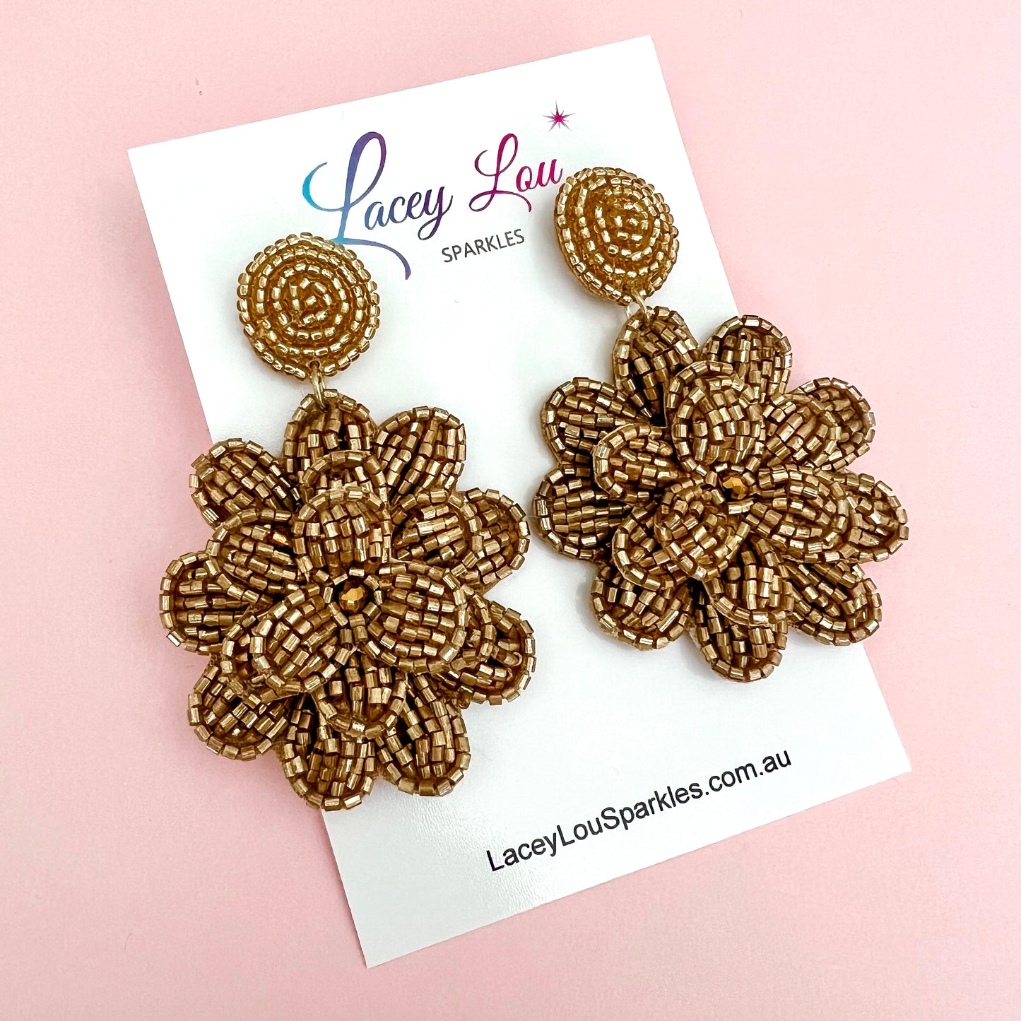 Gold Beaded Flower Statement Dangle Earrings