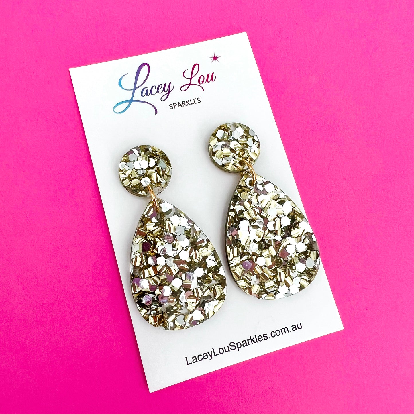 Medium Teardrop Dangle - Silver/Gold Glitter Acrylic Earrings