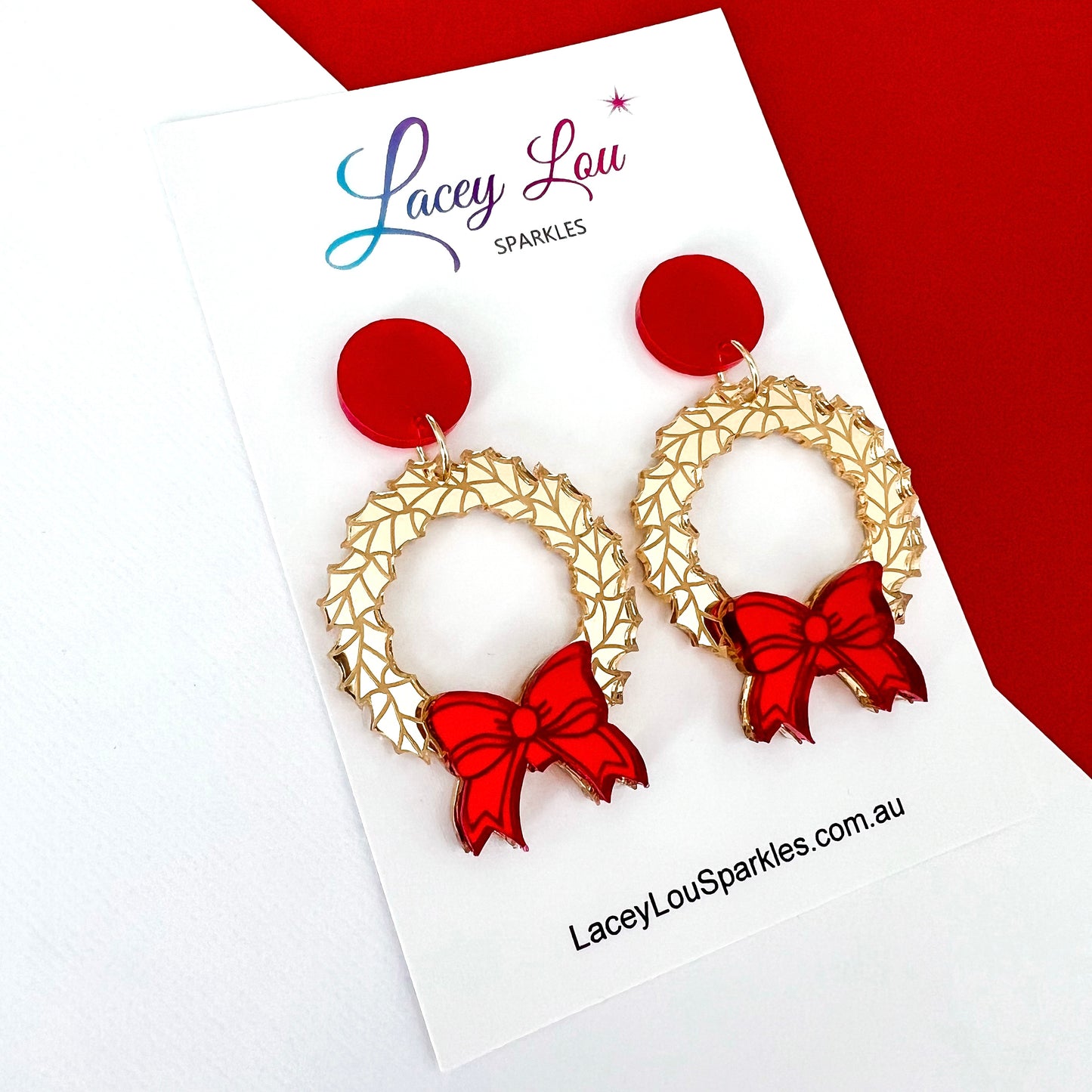 Christmas Wreath Earrings - Gold/Red