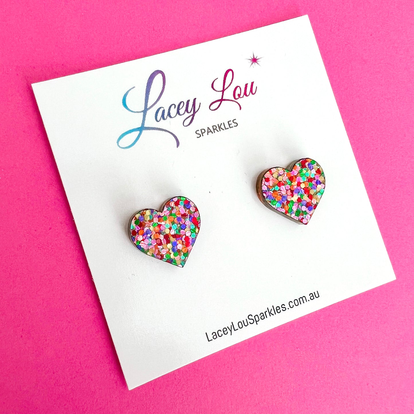 Small Heart Acrylic Studs (15mm) - Strawberry Confetti Glitter