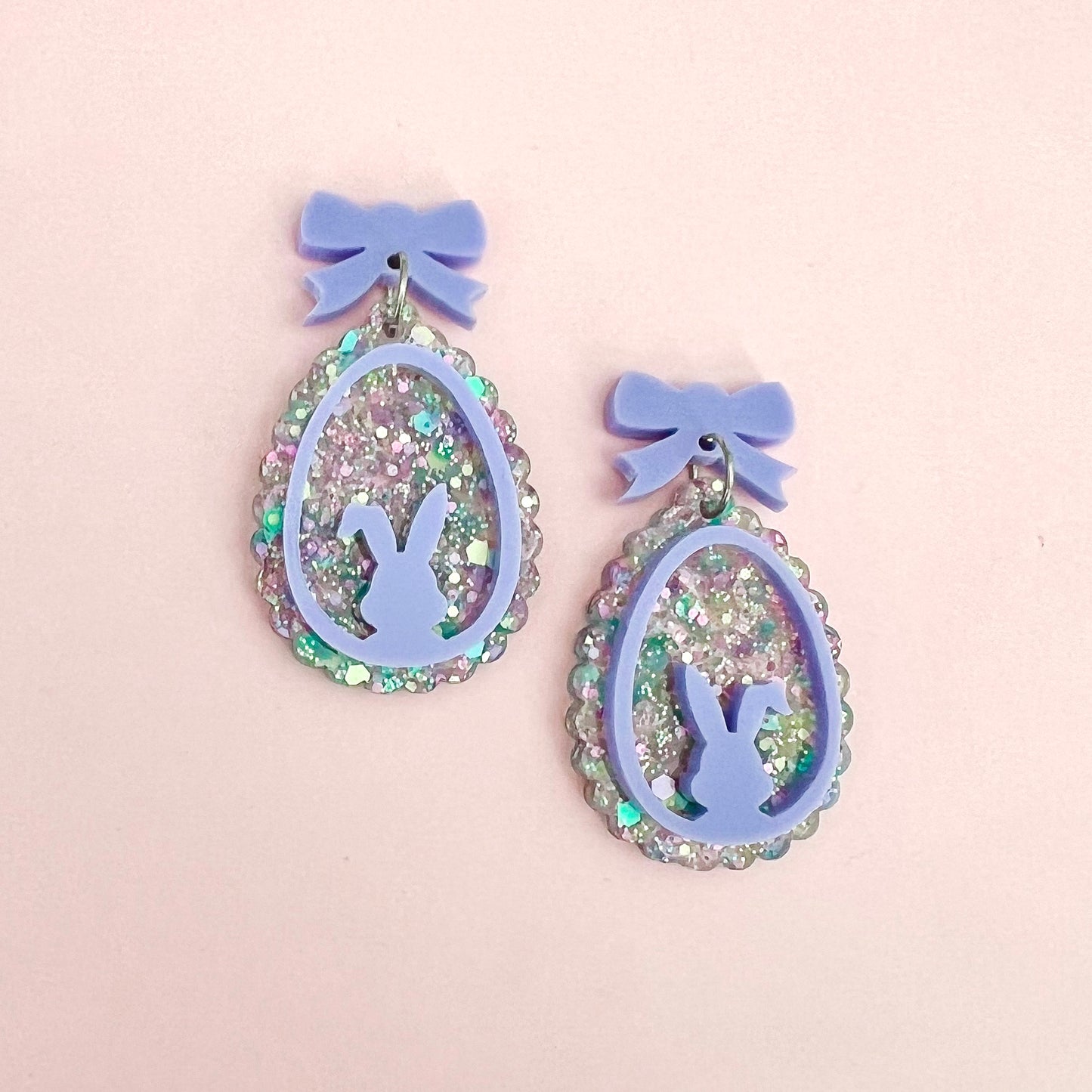 Pastel Glitter Bunny Bow Easter Egg Acrylic Earrings