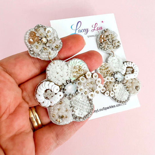 White Beaded Flower Statement Dangle Earrings