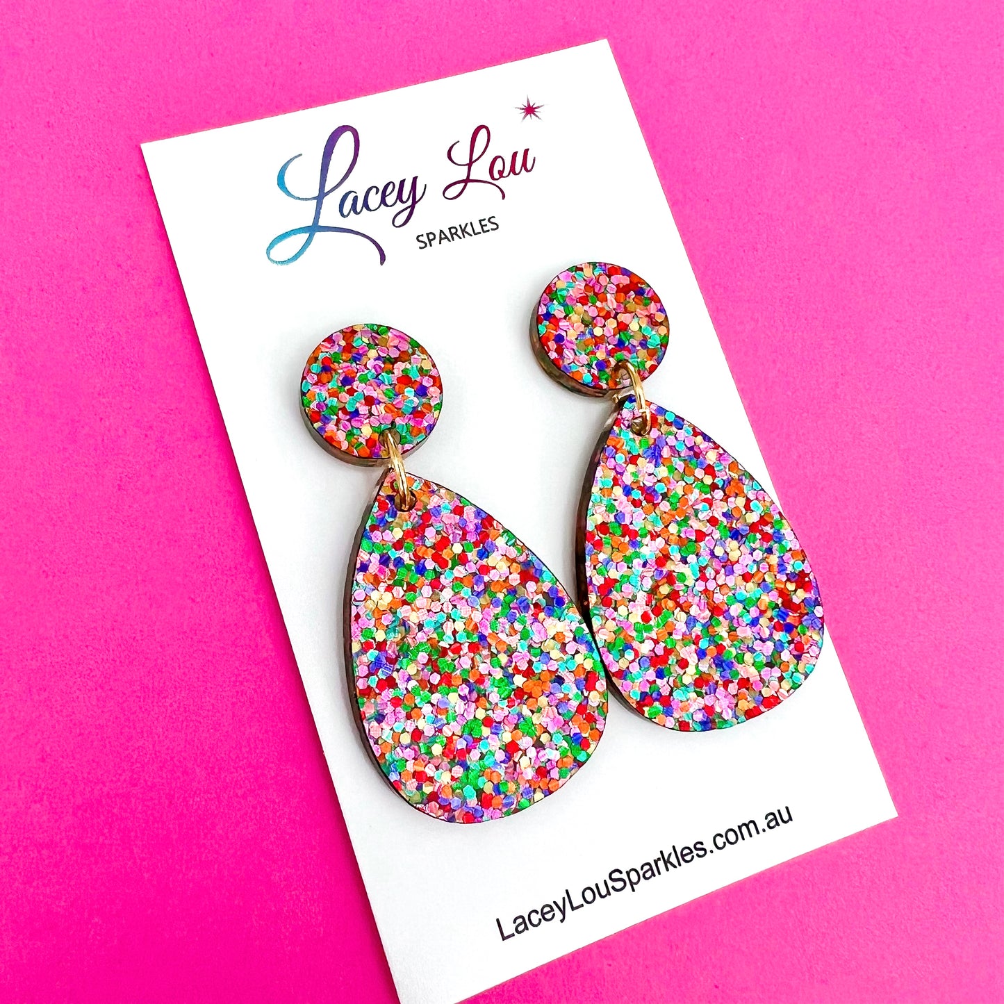 Medium Teardrop Dangle - Strawberry Confetti Glitter Acrylic Earrings
