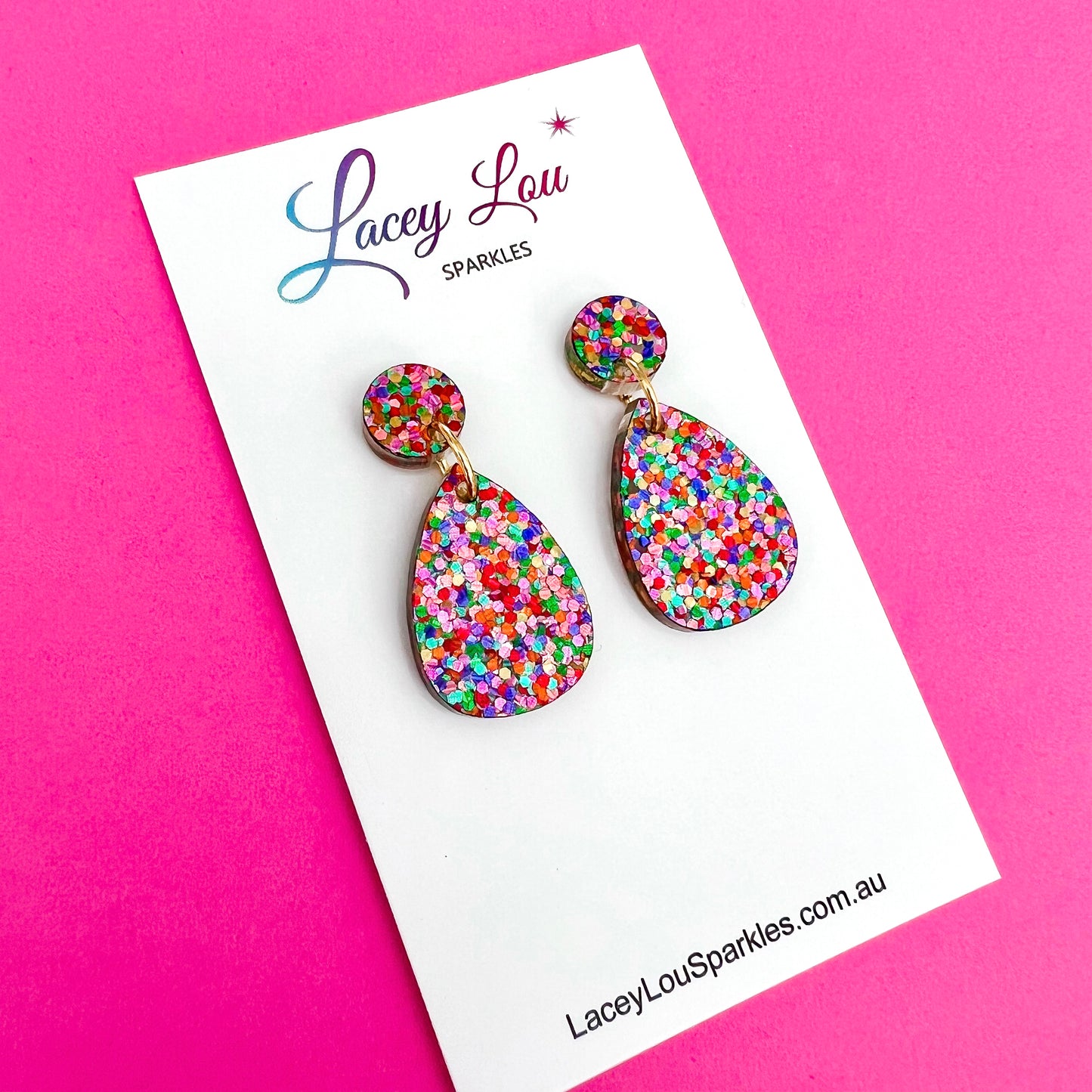 Small Teardrop Dangle - Strawberry Confetti Glitter Acrylic Earrings