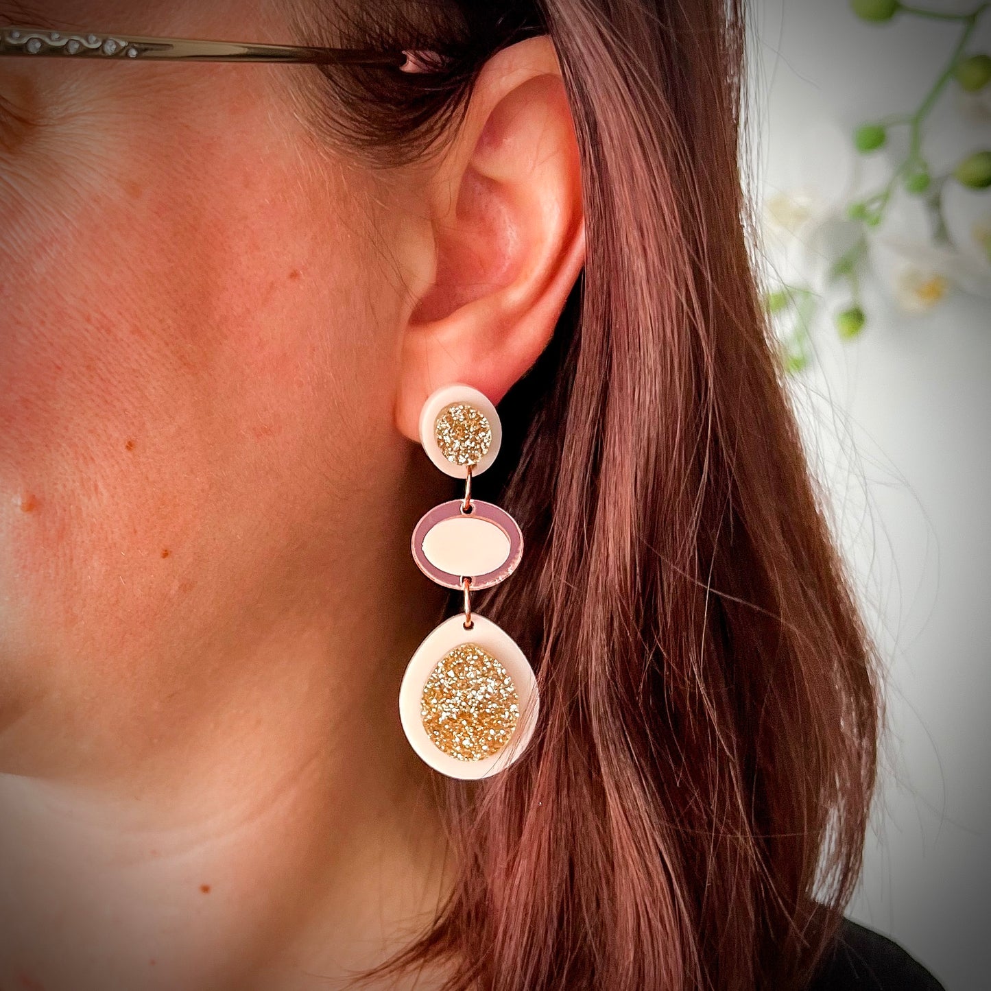 Beige and Gold Acrylic Dangle Earring