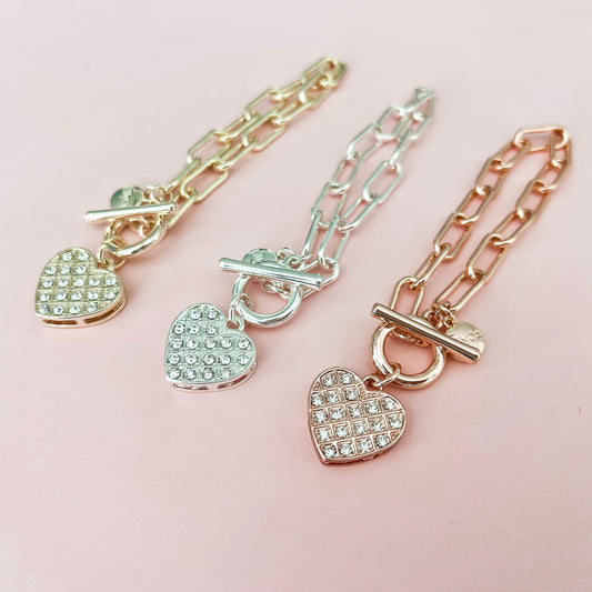 Dianne Chain Link Bracelet with Rhinestone Heart Charm