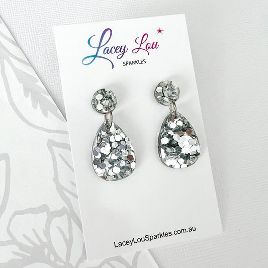 Small Teardrop Dangle - Silver Glitter Acrylic Earrings