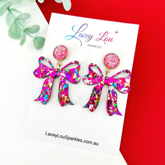 Elegant Rainbow Bow Christmas Hoop Earrings