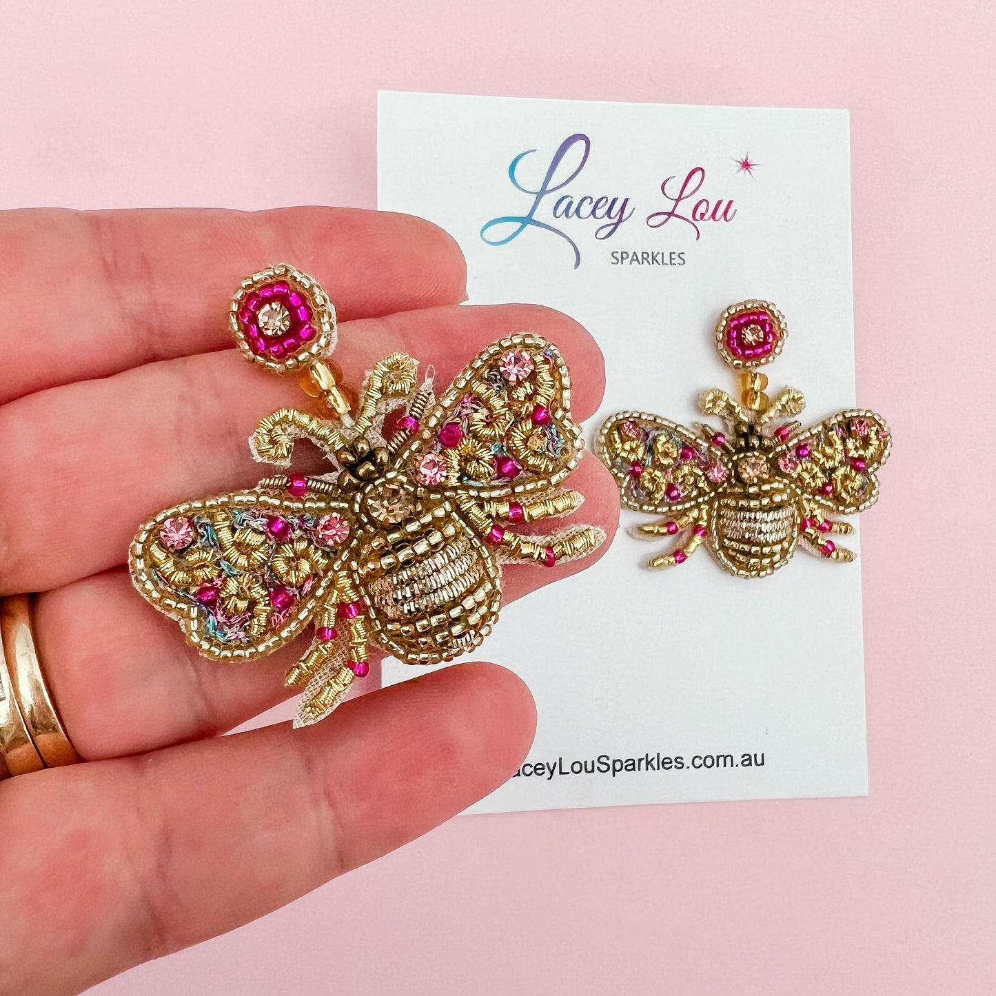 Beaded Gold and Pink Bee Statement Earrings