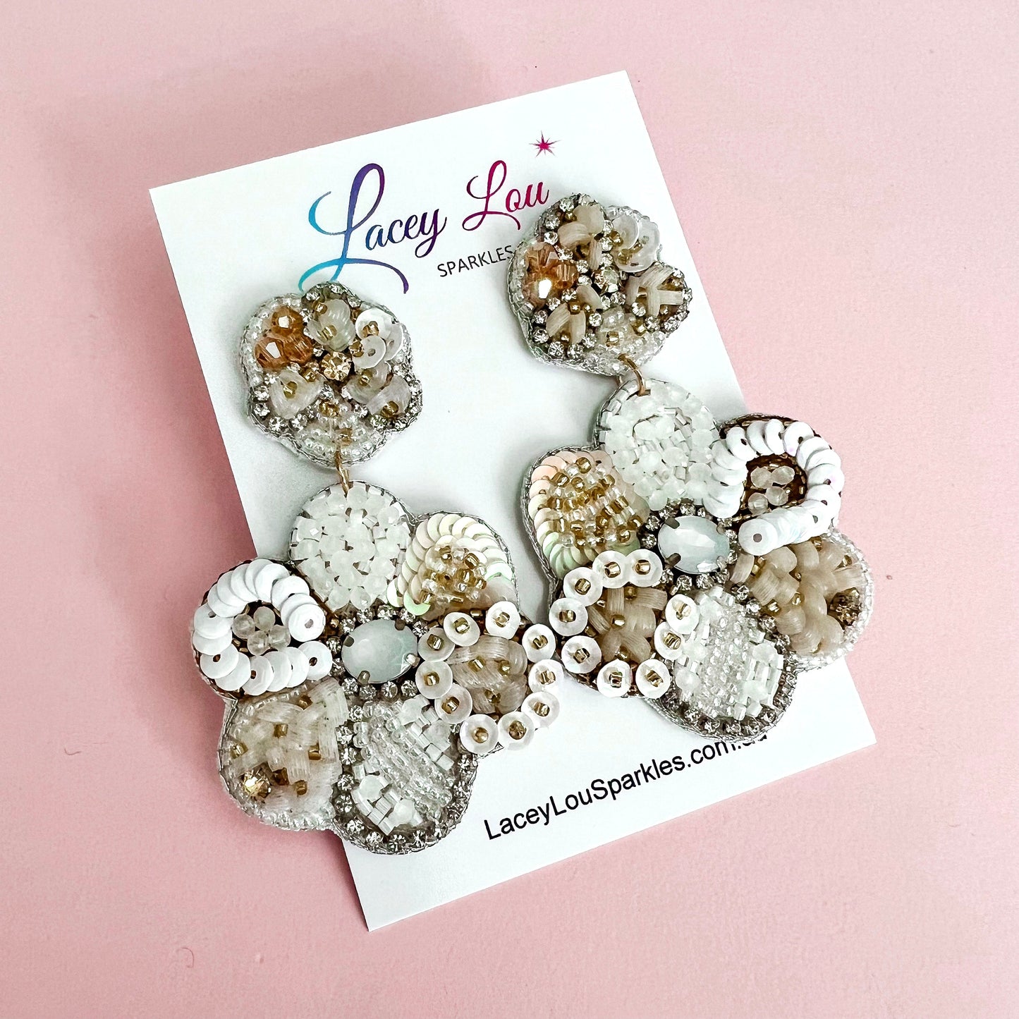 White Beaded Flower Statement Dangle Earrings
