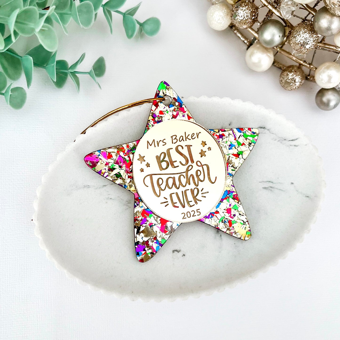 Iridescent (clear) Personalised Teacher Christmas Bauble **PRE-ORDER** 2025