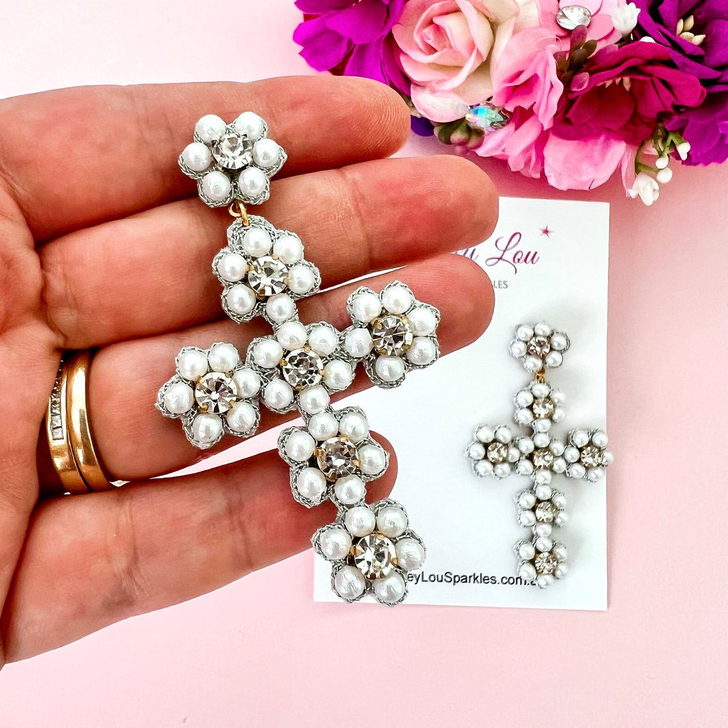 Luxe Beaded and Rhinestone Easter Cross Earrings
