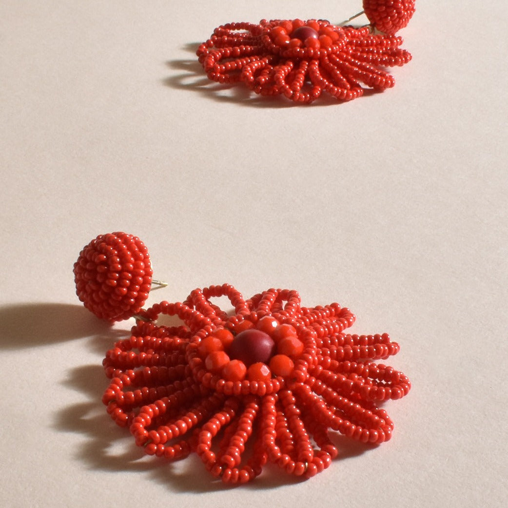 Beaded Red Flower Statement Earrings